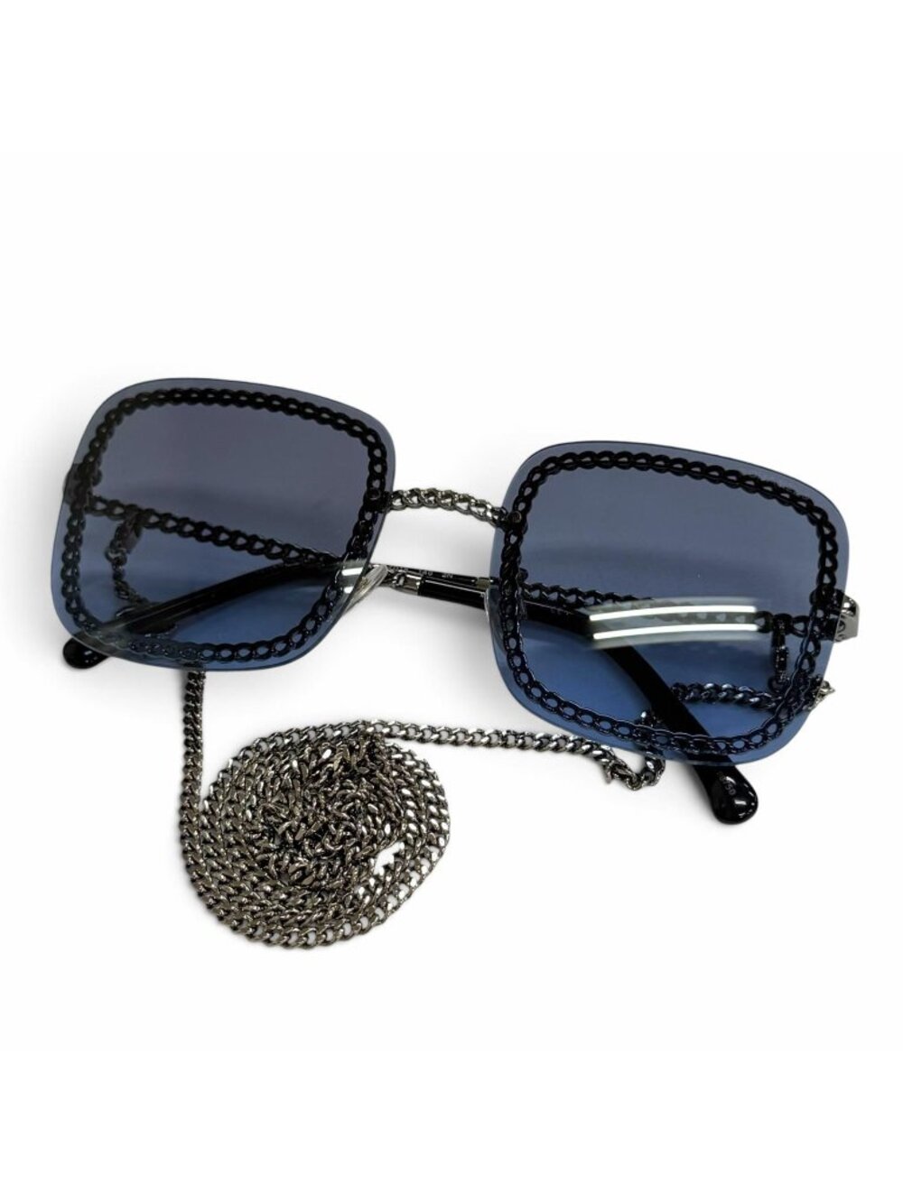 Chanel Glasses with Chain CC Logo Sunglasses Eyewear Navy Silver